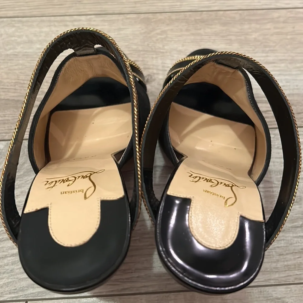 EUC Christian Louboutin Black/Gold heels Akenana 100 Jazz Calf/Suede Size 37